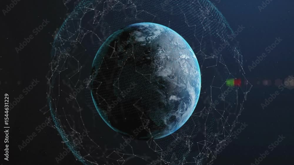 Poster bright sun flare emerging and sweeping across rotating 3d earth globe highlighting network links