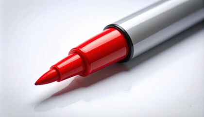 
Red Marker Pen Nib: A close-up, low-angle shot focuses on the vibrant red felt tip of a marker pen, with its silver body and dark cap ring visible, casting a subtle shadow on a white surface.