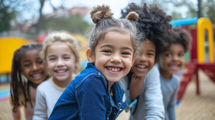 Multicultural kids playing together in schoolyard Close-up