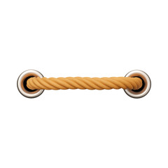 A close up of a tan rope with metal rings on each end against a black background in a horizontal view