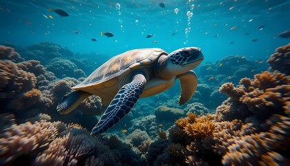 Fototapeta premium Sea Turtle Swimming Through Coral Reef