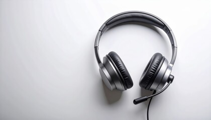 Headphones with Microphone: A sleek pair of silver and black over-ear headphones with an attached microphone lies on a clean white background, ideal for communication or audio.