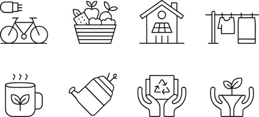Comprehensive eco-friendly and sustainability icon set featuring renewable energy, green living, and environmental care
