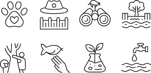 Nature conservation, wildlife protection, and sustainable living icons, featuring green energy and environmental care