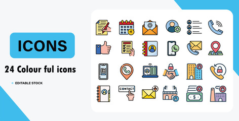 Obraz premium Colorful Communication & Business Icons Set - Contact, Office & Connection Concepts