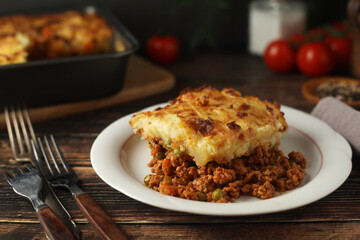 A shepherd's pie, freshly backed and ready to be served. Traditional English dish