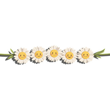 A cute daisy chain with each flower showing a happy face, on a white background. Playful and sweet.