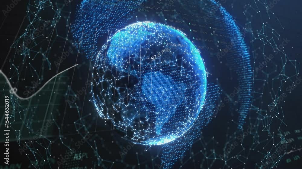 Poster after globe appearance earth rotating with rising line graph and filling bars showing market data