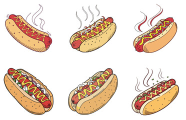 Hot Dogs Vector Designs Set Flat Minimal Sausage Fast Food Illustrations
