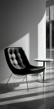 Black leather chair and small table next to bright window