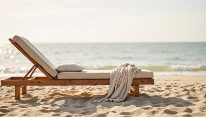Wooden lounge chair with pillow and blanket on sandy beach