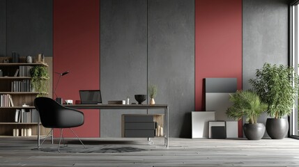 Home office with desk, chair, shelves, and plants in daytime