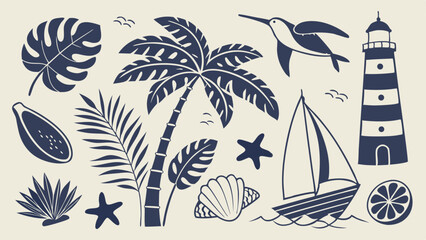 Seamless tropical pattern with palm trees boats and island at sunset