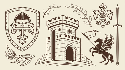 Fototapeta premium Medieval castle drawing in old style vintage architecture vector illustration