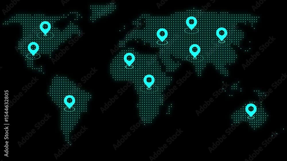 Poster dot dot world map animation with location pointers. gps location services, global business network.