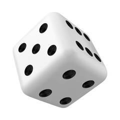 A single white die with black spots on a black background in a close up shot with a slight angle