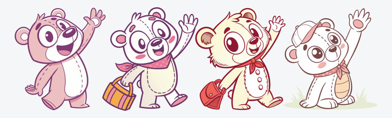 Adorable teddy bear characters waving and smiling perfect for children's books, nursery prints, educational designs vector.