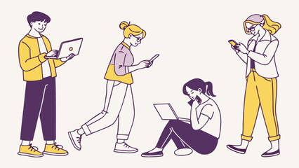 Cartoon illustration of businesspeople, a young woman with a bag, and a family group with kids shopping, all in a fun, vector art style