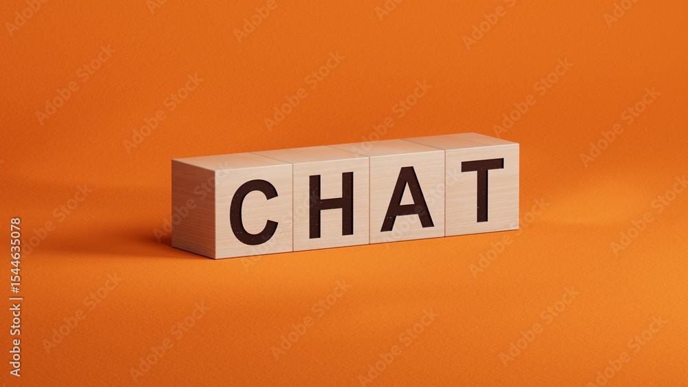 Poster chat.wooden cubes spelling.flat lay view from above on wooden cubes buttons.it technology concept.3d