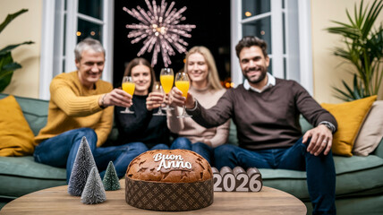 Family New Year 2026 Celebration at Home with Toast and Traditional Panettone