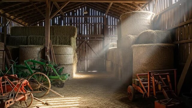 Rustic barn interior with hay bales, vintage farm equipment, and sunbeams streaming through the wooden slats