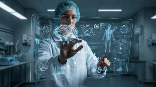 Doctor Using Holographic Interface in High-Tech Lab