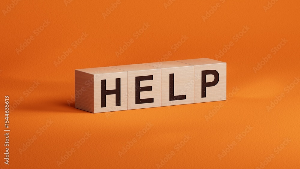 Poster help.wooden cubes spelling.flat lay view from above on wooden cubes buttons.it technology concept.3d