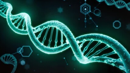 Glowing neon DNA strand with hexagonal patterns, biotechnology genetic advancements