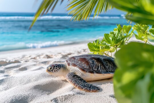 a turtle resting on white sandy beach, tropical leaves around
