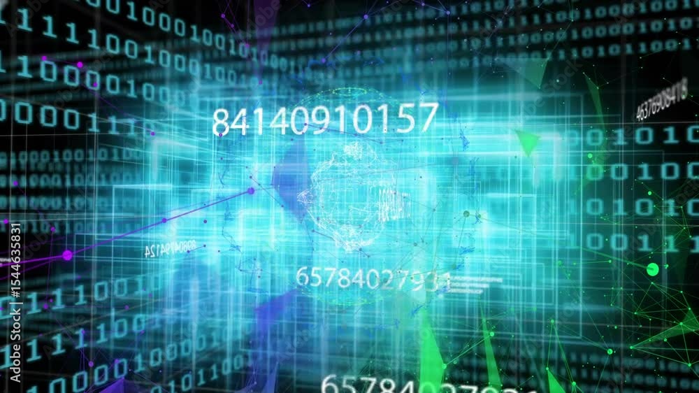 Aufkleber Turquoise mesh grid emerging initiating numbers floating and arrows orbiting visualizing data flow
