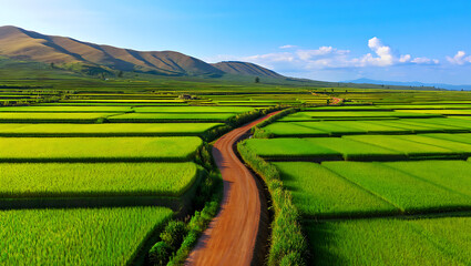 Winding Dirt Road Through Lush Green Rice Paddies and Rolling Hills