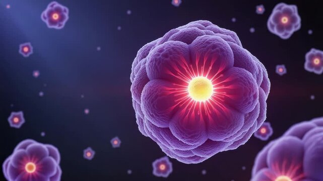 3D-rendered cell nucleus with glowing nucleolus in purple membrane, molecular biology visualization