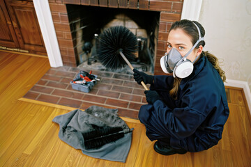 Chimney sweep cleaning fireplace. A professional female chimney sweep wearing a respirator mask cleans a brick fireplace with a large brush to remove soot and ensure safety.