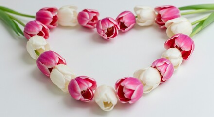 Obraz premium 優美な白ピンクのチューリップがハートを描く 柔らかな光で輝く花びら. AI Generated