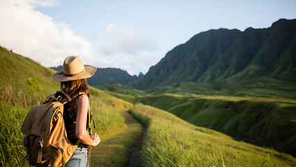 Woman Hiking Tan Backpack Green Valley Mountains image