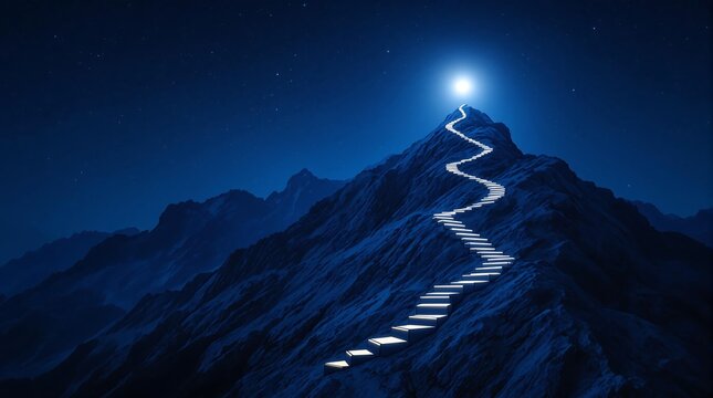 Mountain peak with stairs leading to bright light achievement success concept wallpaper background
