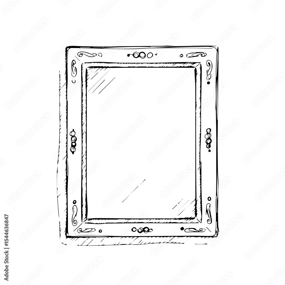 Poster ornate rectangular mirror frame sketch. elegant mirror with decorative border and simple lines. styl