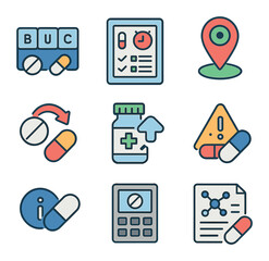 Medical Diagnostic Icons. Flat icon set of diagnostic tools: blood pressure cuff, thermometer, glucose meter,