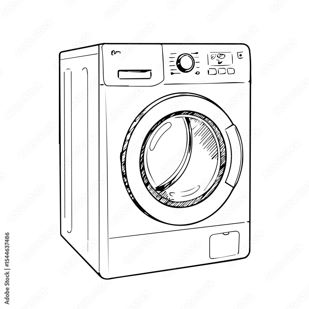 Poster modern washing machine sketch with control panel and door. detailed appliance drawing shows front lo