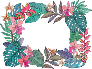 A detailed vector illustration of a tropical floral frame featuring orchids, heliconias, plumerias, and lush monstera leaves surrounding a white center