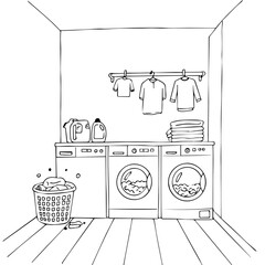 Laundry room interior with washing machines and dryer. Clean laundry room design with folded towels and clothes hanging on rack.