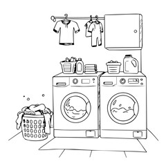 Laundry room sketch with washing machine and dryer.  Clean laundry in basket near appliances. Clothes hanging on rack above washing machines. Illustration perfect for home decor magazines,