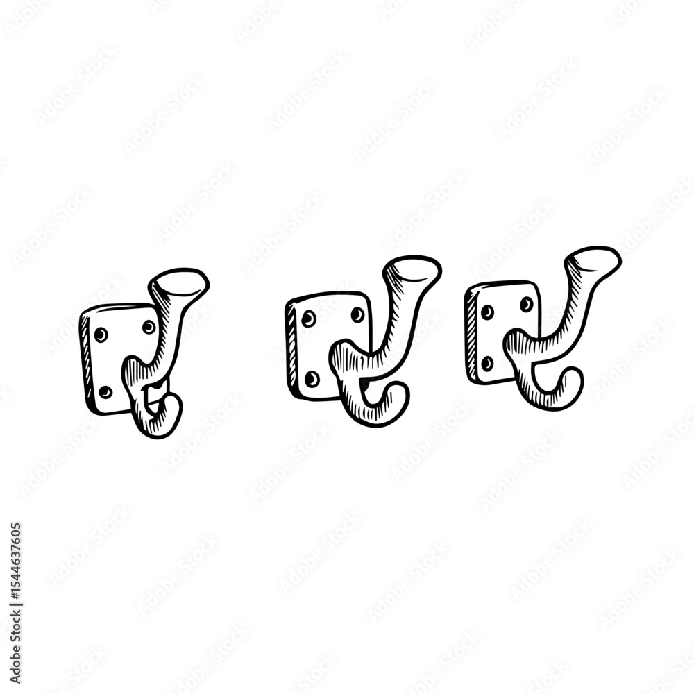 Aufkleber three double hooks on square plates. different sizes of wall mounted coat hooks. simple line drawing