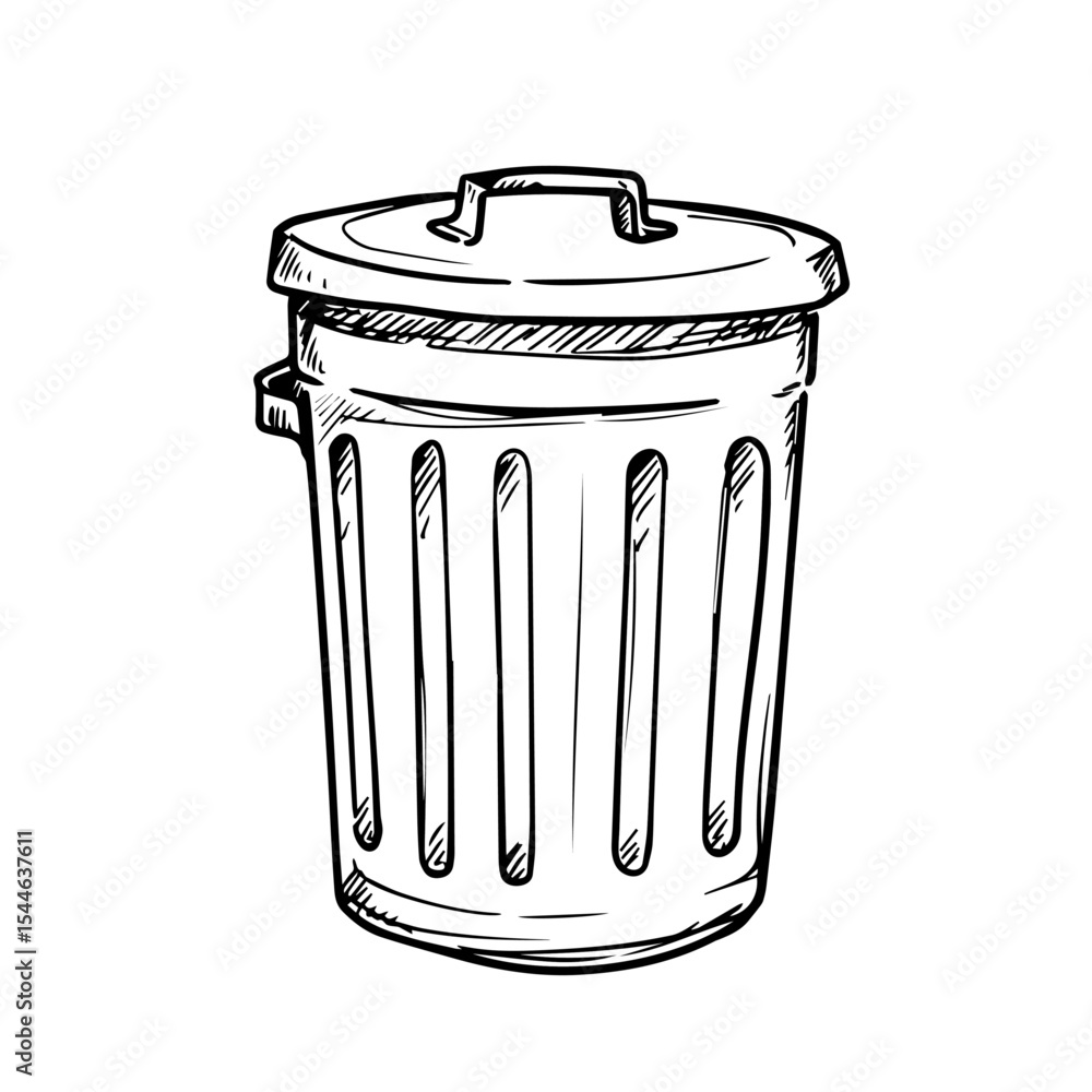 Poster metal trash can with lid, simple sketch style illustration. trash can design with vertical lines, pe