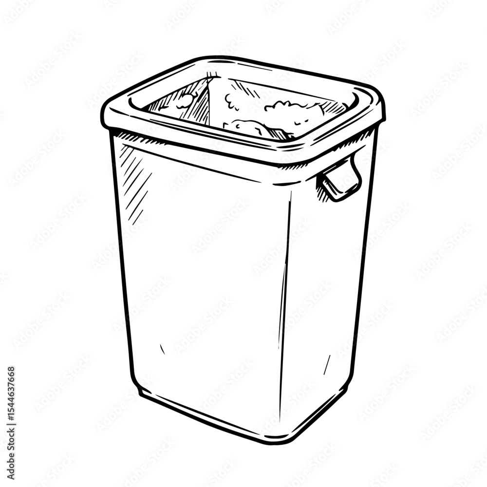 Poster trash can with waste inside. rectangular container for garbage disposal. simple illustration of hous