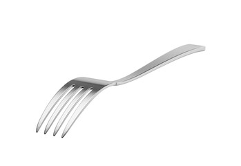 A sleek stainless steel fork with a reflective finish and a slightly curved handle. 3D Illustration