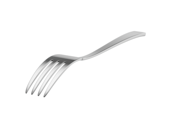 A sleek stainless steel fork with a reflective finish and a slightly curved handle. 3D Illustration