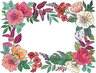 A delicate vector illustration of a floral frame featuring roses, poppies, peonies, geraniums, and various foliage in soft pastel and vibrant tones