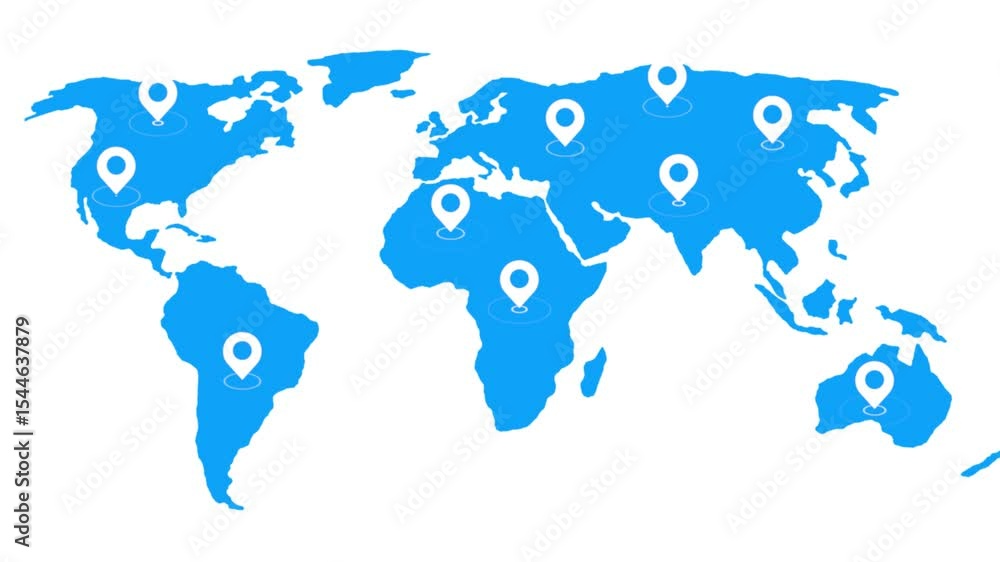 Poster world map animation with location pointers. gps location services, global business network.