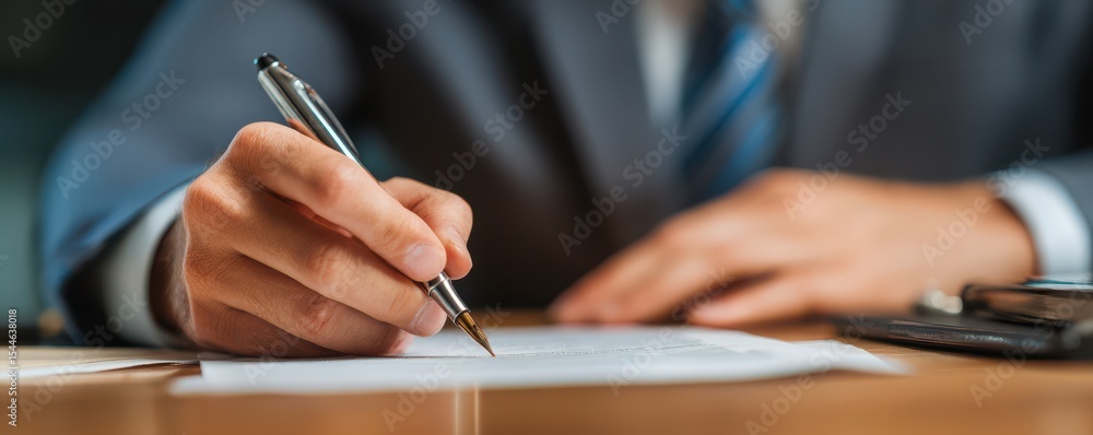 Poster professional business setting with a close-up of a man's hand writing with a pen on a document, show